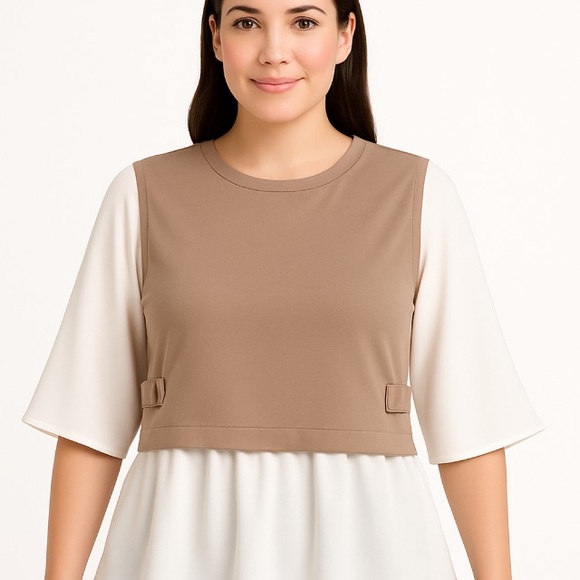 Cocomo Tops - COCOMO Woman 1X Taupe Layered Blouse w/ Bell Sleeves & Peplum Hem — NWT